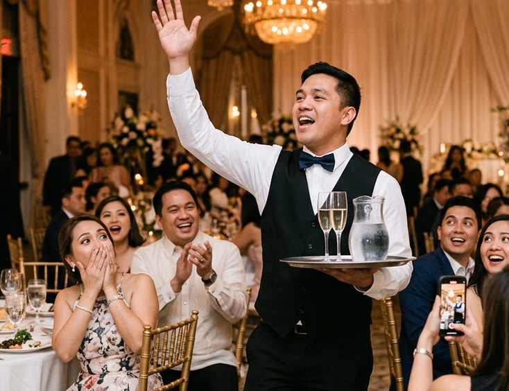 Filipino male singing waiter in a white shirt and black vest performing mid-song in a hotel ballroom while surprised wedding guests react with delight and pull out phones to record