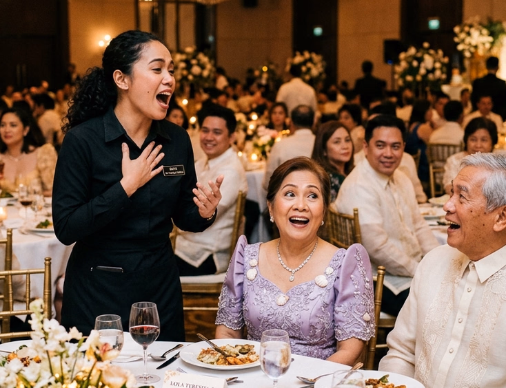 Filipino female singing waiter in a black server uniform performing beside an elderly Filipino couple's table as surrounding wedding guests turn to watch in surprise