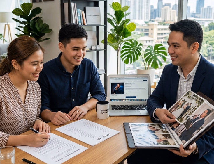 Filipino couple reviewing a printed contract and song list with a male performer holding a portfolio of wedding photos at a modern Manila events office