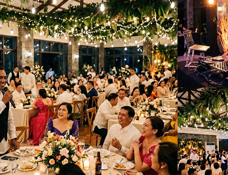 Filipino couple reviewing a printed contract and song list with a male performer holding a portfolio of wedding photos at a modern Manila events office