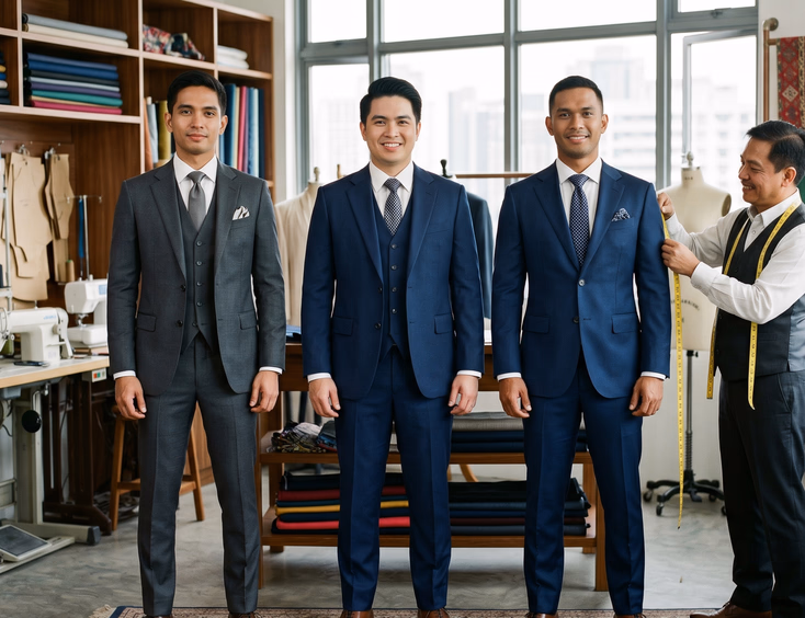 Three Filipino grooms in slim fit, classic fit, and tailored midnight blue suits standing side by side in a Manila tailoring atelier highlighting different silhouettes and builds
