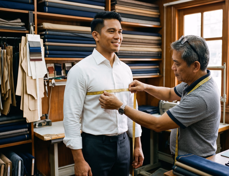 Filipino tailor measuring the chest of an athletic-build Filipino groom in a white dress shirt inside a warmly lit Makati tailoring shop with fabric bolts lining the shelves