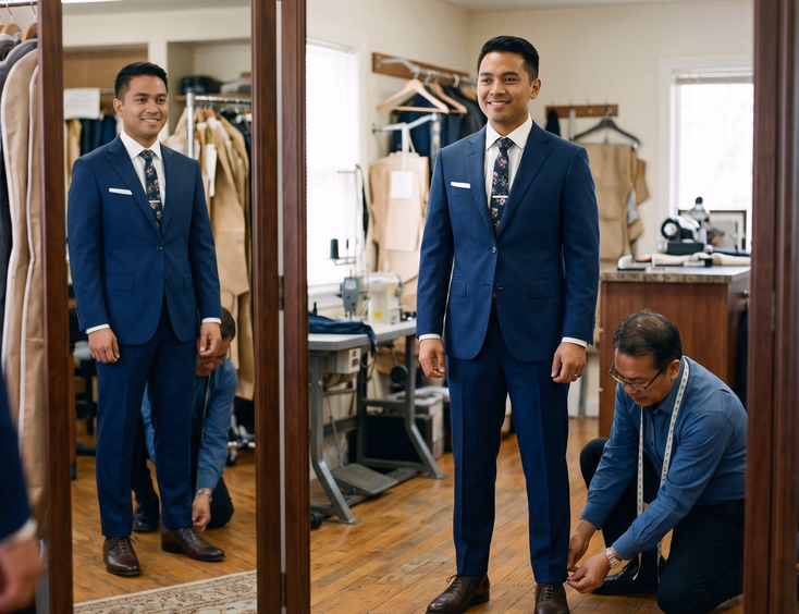 Filipino groom of average height in a sharply cut navy suit with narrow lapels standing before a full-length mirror while a tailor pins the trouser hem in a fitting room