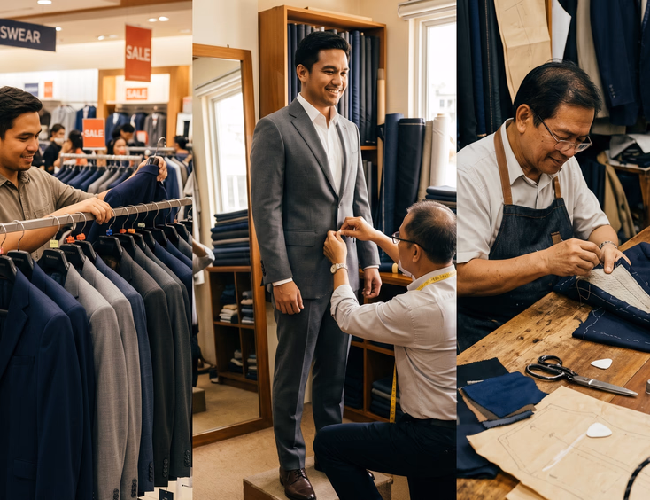 Split-scene comparison of three Filipino grooms suit shopping at a department store rack, a made-to-measure fitting, and a bespoke tailor hand-stitching a suit lapel at a workbench