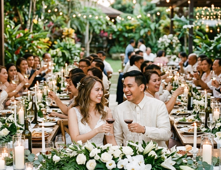 Filipino bride and groom at the head of a long banquet table with 30 intimate guests, string lights, tropical floral runners, and candlelight inside a cozy Tagaytay boutique garden venue
