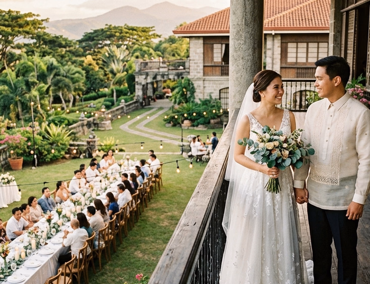 Filipino bride and groom on the veranda of a Spanish-Filipino private estate in Silang Cavite with a farmhouse dining table set for 50 guests on the lawn amid acacia trees and rolling countryside
