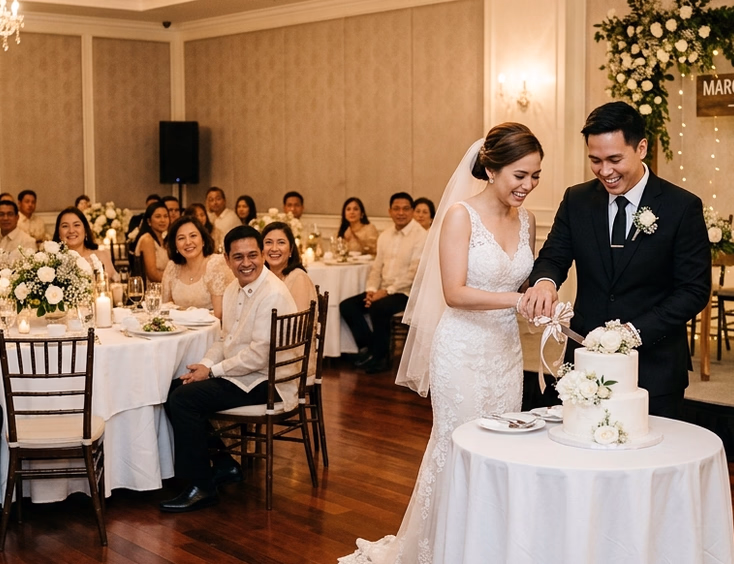 Filipino bride and groom cutting a two-tier wedding cake inside a boutique Manila hotel function room with 50 formal guests seated at candlelit round banquet tables under warm chandelier lighting
