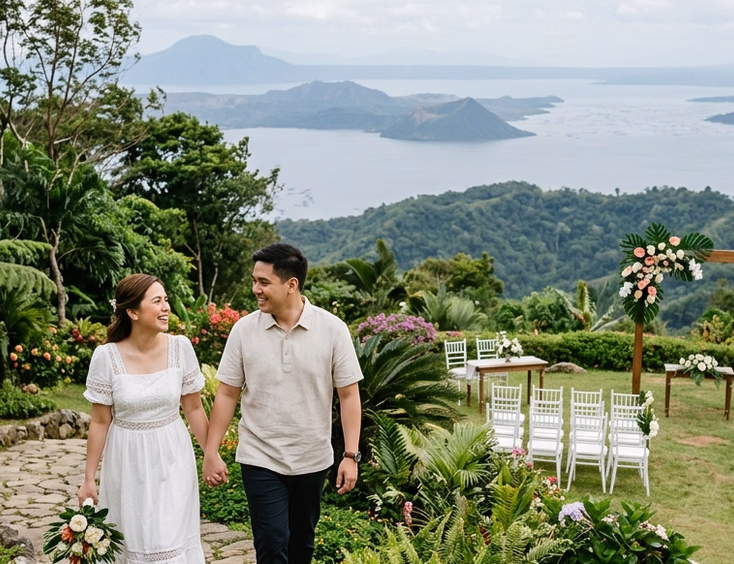 Filipino couple walking hand in hand through a Tagaytay garden venue pathway with the iconic Taal Volcano view and a small intimate reception setup visible in the lush green distance