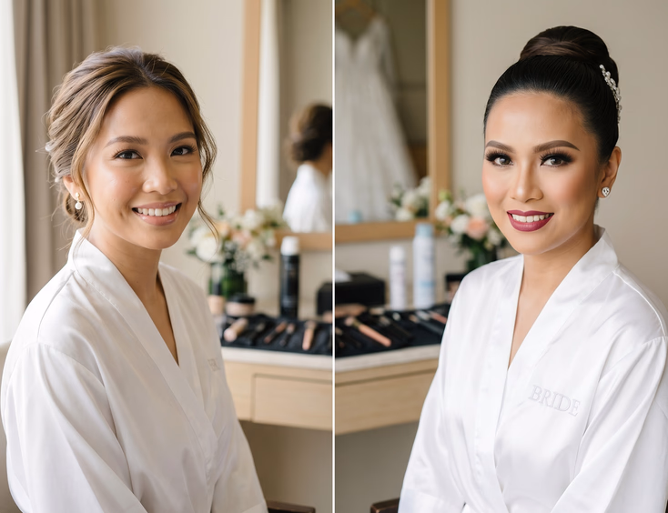 Split portrait of two Filipino brides side by side showing soft glam versus full glam bridal makeup looks both wearing white robes in a bright hotel prep room