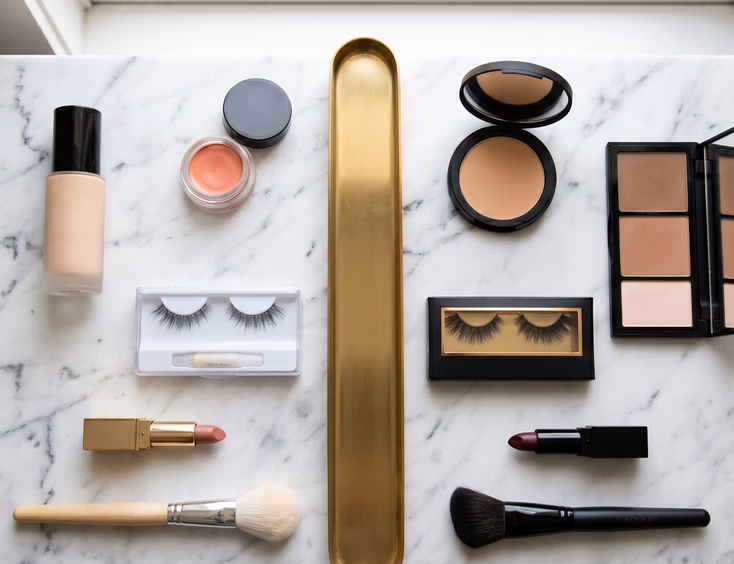 Flat lay of two bridal makeup setups on marble vanity divided by gold tray showing soft glam products on the left and full glam products on the right