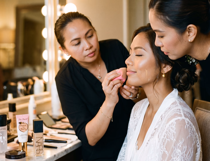 Close-up of Filipino HMUA blending foundation on a Filipino bride with warm morena skin using a beauty sponge in front of a lighted vanity mirror with skincare products visible