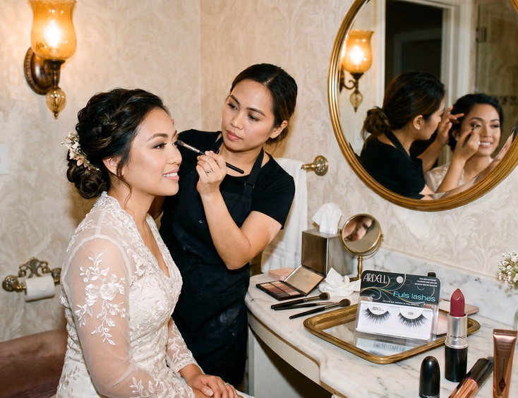 Filipino bride in powder room getting eyeshadow deepened by her HMUA for a reception makeup touch-up with fuller lashes and berry lipstick on the counter beside her