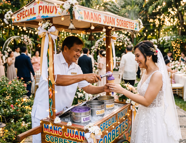 Filipino sorbetero in white uniform scooping purple ube ice cream into a sugar cone for a smiling Filipino bride at a colorful flower-decorated sorbetes cart during an outdoor garden wedding reception at golden hour