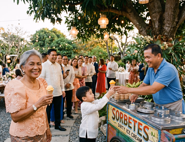 Filipino grandmother holding a mango sorbetes sugar cone beside a young boy in barong reaching for his cone from a sorbetero at a hand-painted sorbetes cart under a tree with capiz lanterns at an outdoor Filipino wedding reception
