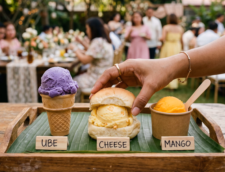 Close-up tabletop display of three Filipino sorbetes serving styles at a wedding reception featuring ube in a sugar cone, cheese sorbetes in pan de sal, and mango sorbetes in a biodegradable cup on a banana leaf-lined wooden tray with a Filipino female hand reaching in