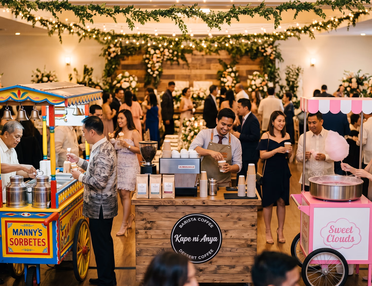 Three Filipino wedding reception dessert cart stations side by side featuring a traditional sorbetes cart, a sleek barista coffee cart with a Filipino male barista, and a cotton candy cart with a Filipino female attendant spinning pink cotton candy as guests in semi-formal attire walk between them