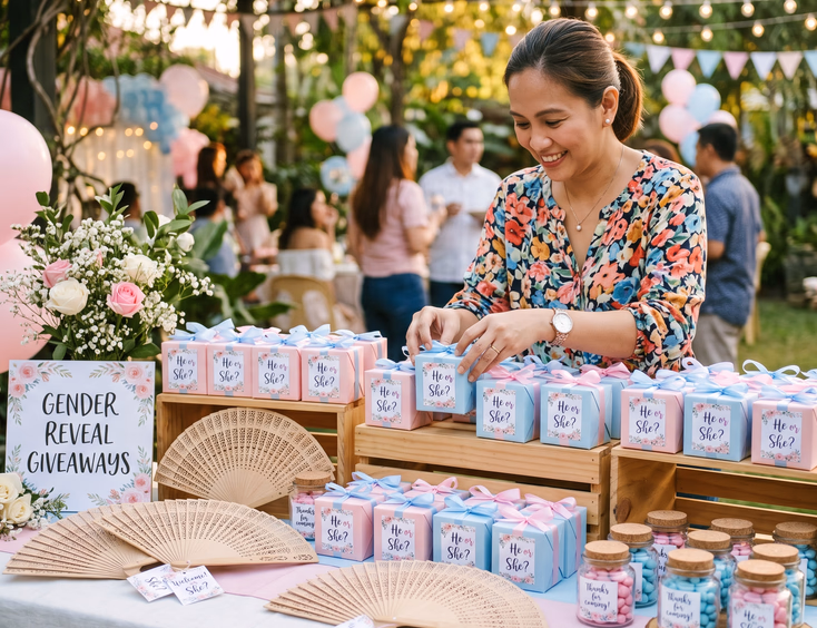 A Filipino host neatly arranges pink and blue gender reveal favors, including hand fans and small jars with He or She tags, on a festive table.