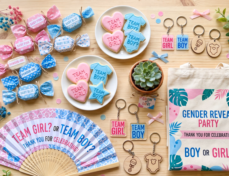 A bright flat lay photography shows Filipino gender reveal giveaway ideas like wrapped polvoron, cookies, hand fans, and keychains in pink and blue.