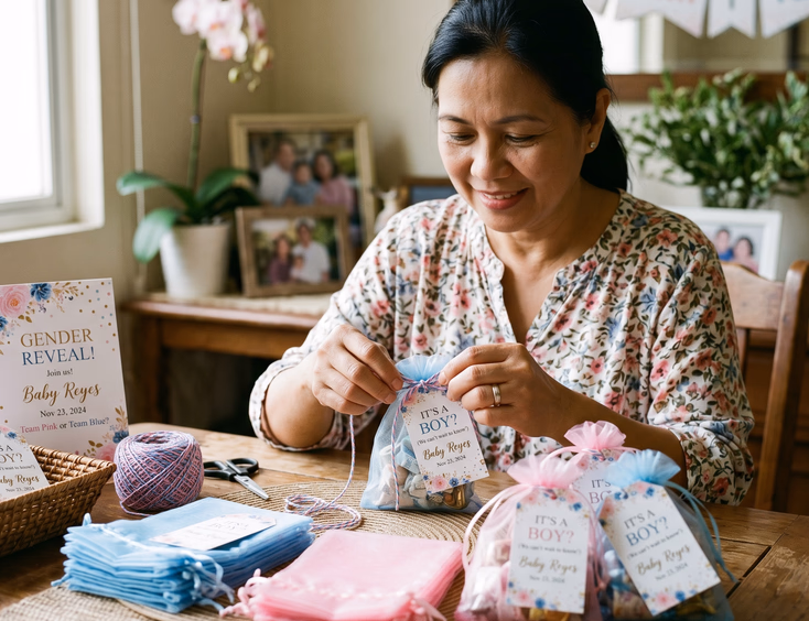 A Filipino parent carefully ties matching pink and blue custom tags onto party favors for a gender reveal celebration in soft daylight.