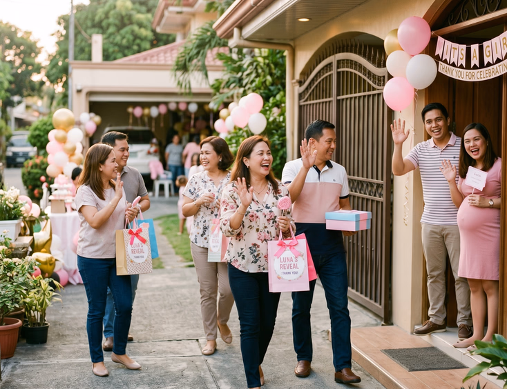 Smiling Filipino guests wave goodbye to the host couple while holding their gender reveal giveaway bags and favors in the warm afternoon light.