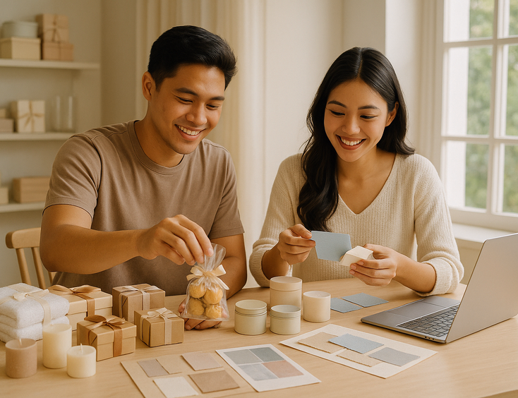 Young Filipino couple choosing edible treats towels and candles for wedding favors at a studio table with packaging samples