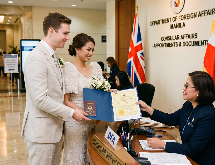 Filipino bride and foreign groom submitting marriage documents at an embassy in Manila.