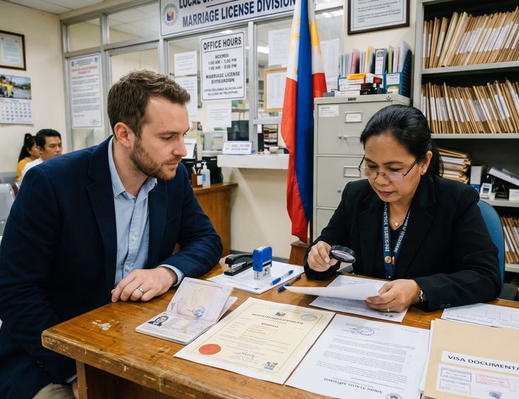 Foreign groom submitting passport and apostilled documents for marriage at a Philippine LCR office.