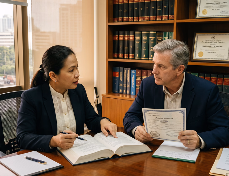 Filipino lawyer explaining family law to a foreign client with an international marriage certificate.