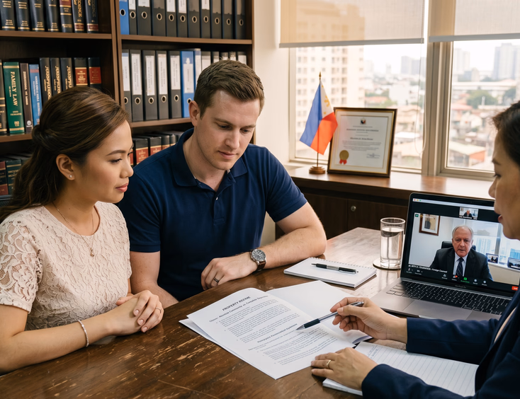 Filipino-foreign couple discussing a prenuptial agreement with lawyers in a Manila office.