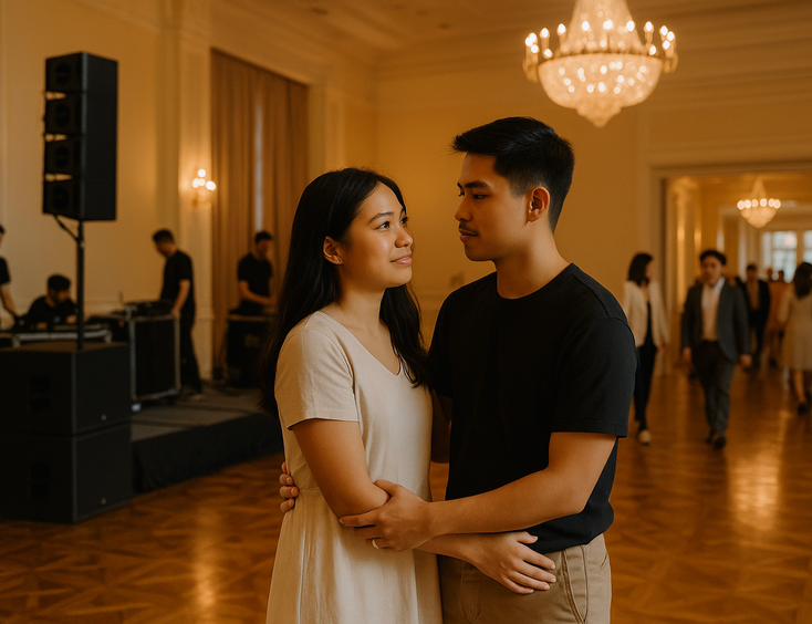 Young Filipino couple doing a quick soundcheck with wireless mics under warm uplights as guests arrive