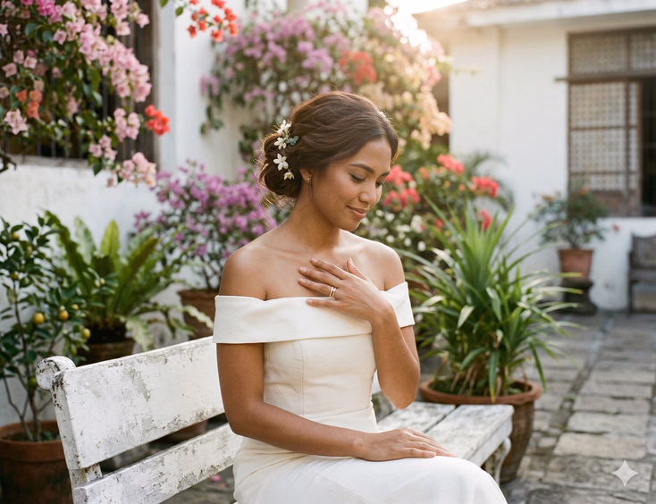 A Filipina bride in her late 20s sits on a stone bench in a sunlit Filipino church garden courtyard, her left hand raised gracefully at chest height displaying a three-ring stack on her ring finger — a wider plain yellow gold wedding band at the base, a slim pavé diamond band in the middle catching the sunlight, and an ultra-slim rose gold band at the top. Small white sampaguita flowers are tucked into her loose low chignon as soft bougainvillea and white-painted walls fill the warmly lit background.