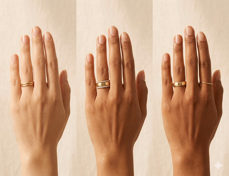 A horizontal triptych shows three Filipina hands side by side against a warm cream linen background, each displaying a distinct stacked ring configuration on the left ring finger. The leftmost hand with light morena skin wears two ultra-slim plain matte yellow gold bands in a minimalist everyday stack. The center hand with medium morena skin wears a wider plain yellow gold band flanked by a slim pavé diamond band and a thin plain band in a classic-plus stack. The rightmost hand with deeper kayumanggi skin wears a single plain yellow gold wedding band with one delicate band leaning against it as if recently added.