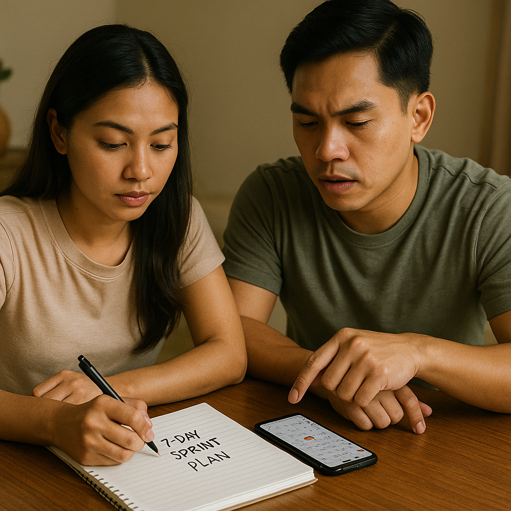 Couple mapping a 7 day sprint plan on a notepad with a phone calendar