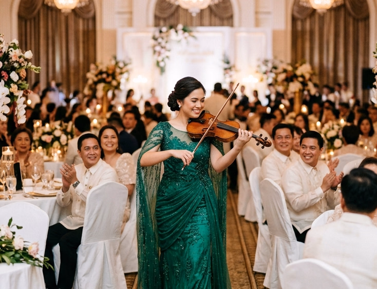 Filipino female violinist in an emerald green gown playing while strolling between guest tables at a grand hotel ballroom wedding reception