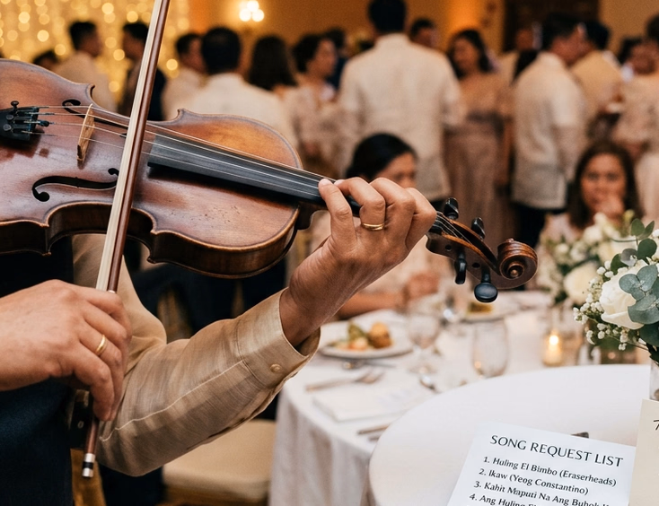 Close-up of a Filipino male violinist's hands playing at a wedding reception with a printed song request list and handwritten note card on the nearby table