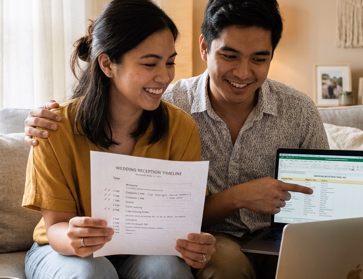 Filipino couple on a couch reviewing a wedding reception timeline on a laptop with handwritten notes on the coffee table