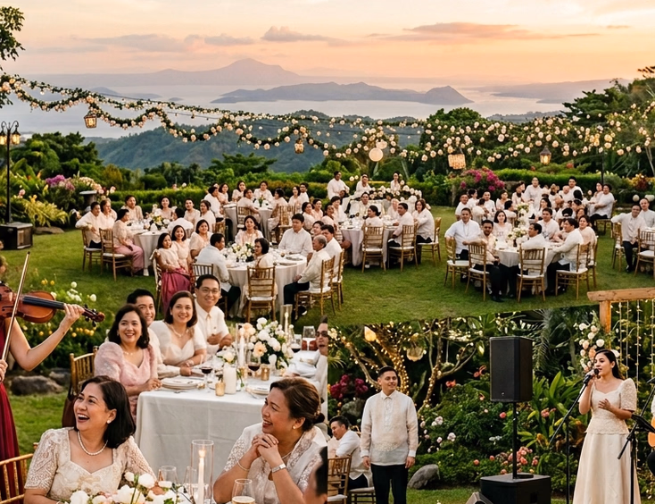 Wide shot of a Tagaytay outdoor wedding reception during golden hour with a strolling violinist in burgundy on the left and an acoustic duo performing on a wooden stage on the right