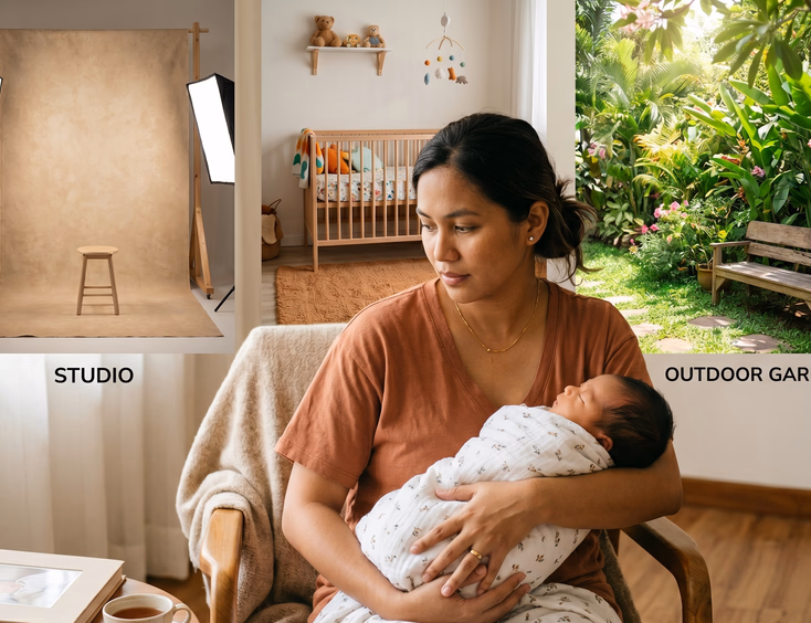 A thoughtful Filipino mother holds her swaddled newborn baby while choosing between a studio backdrop, a home nursery, or a green garden.
