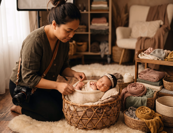 A professional Filipino newborn photographer carefully poses a sleeping baby in a warm studio with controlled lighting and soft props.