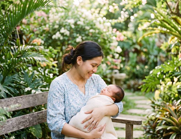 A loving Filipino mother cradles her newborn baby outdoors in a soft green garden with gentle natural sunlight filtering through leaves.