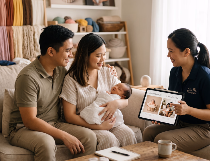 A Filipino couple discusses setting options with a professional photographer who shows them studio and home samples on a tablet.