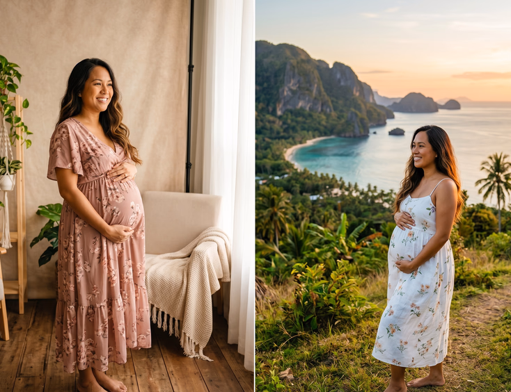 A split photo shows the same pregnant Filipino woman in two settings: a professional photography studio and a scenic outdoor Philippine location.