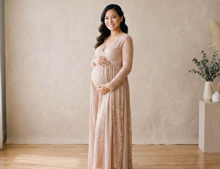 A pregnant Filipino woman in an elegant gown poses serene and polished within a clean, controlled photography studio featuring soft lighting.