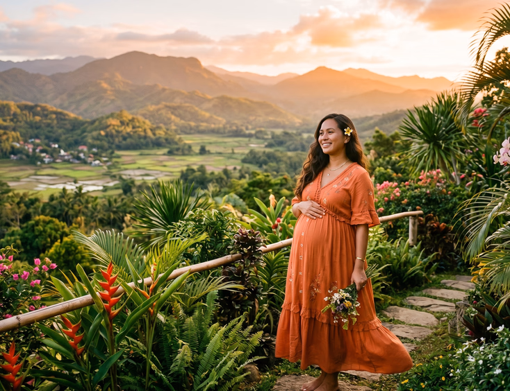A pregnant Filipino woman stands radiant in a flowing dress within a lush Philippine garden at golden hour with open natural scenery behind her.