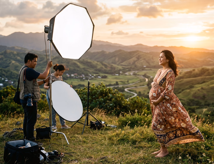 Behind the scenes photo of a pregnant Filipino woman in a flowing dress at an outdoor location while a photographer sets up gear at golden hour.