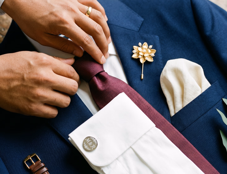 Flat lay of wedding accessories including a burgundy silk tie, cream pocket square, sampaguita lapel pin, and silver monogram cufflinks arranged on a navy suit jacket with a Filipino groom's hands adjusting the tie