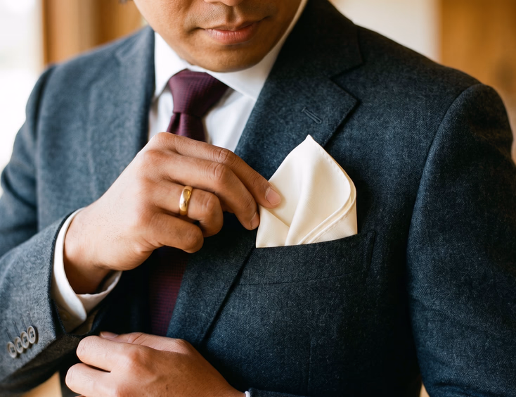Close-up of a Filipino groom adjusting a cream silk pocket square in a two-point fold on a charcoal grey suit jacket with a burgundy tie and gold wedding band detail
