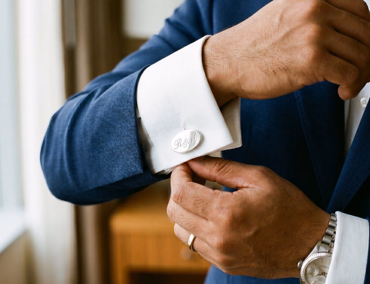 Close-up of a Filipino groom fastening a silver monogram cufflink on a white French cuff dress shirt with a navy suit sleeve and silver watch visible in the background