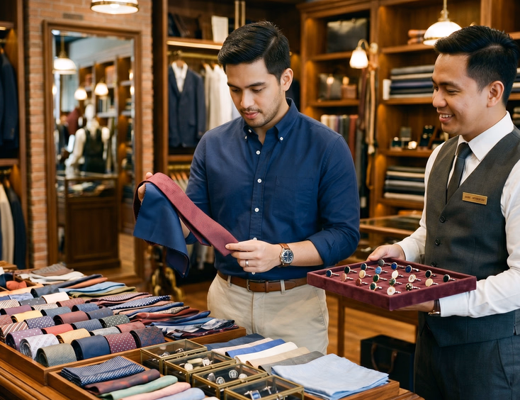 Filipino groom examining a burgundy silk tie at a curated menswear accessories display inside a high-end BGC shop assisted by a Filipino shop attendant offering cufflinks