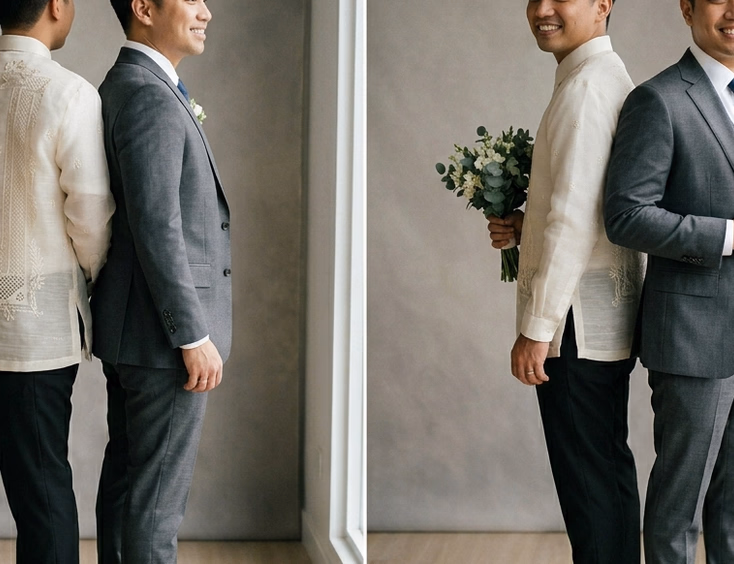 Split-scene editorial photo of a Filipino groom styled in a hand-embroidered piña barong tagalog and a slim-fit charcoal three-piece suit standing back to back